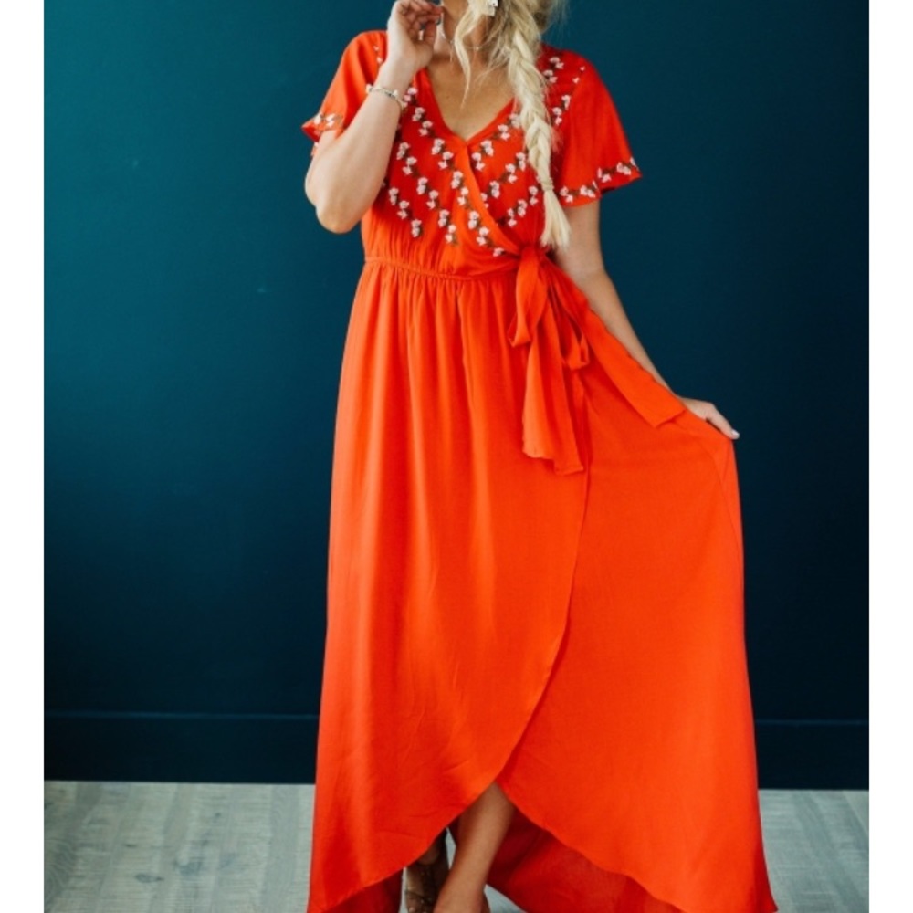 Red flower faux wrap dress